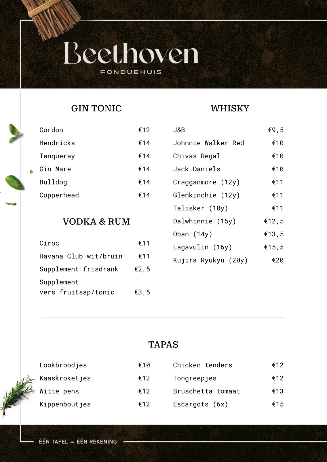 Menukaart Fonduehuis Beethoven